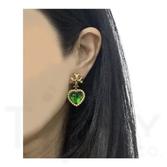 Tory Burch Emerald Green and Gold Roxanne Heart Drop Earrings - Picture 4 of 4